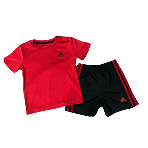 Red Adidas Boys Trefoil Shorts and Tee Shorts Leaves Set - Picture 3 of 3